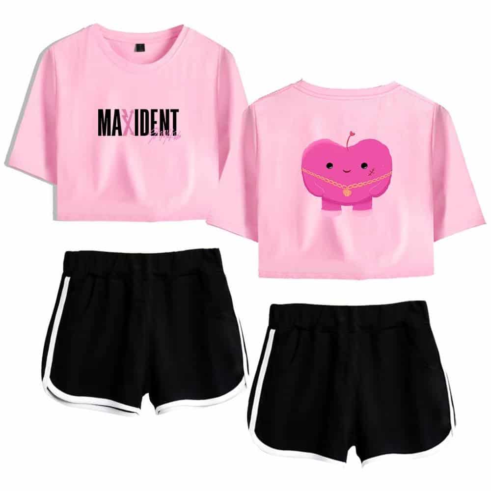 Colorful K-pop merchandise set featuring pink graphic crop tops and black shorts.