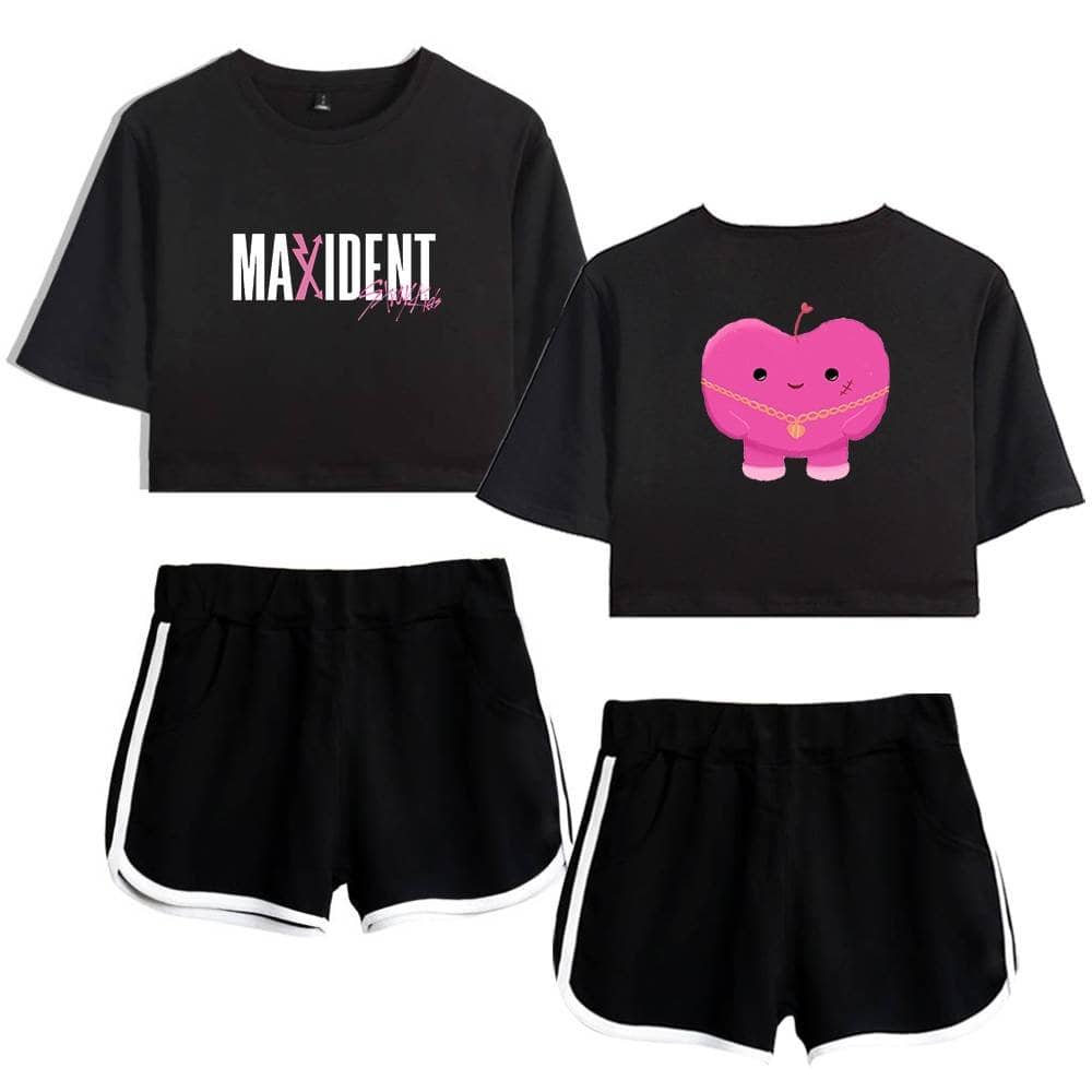 Maxidnt kpop merch crop top and shorts set with cute pink cartoon character.