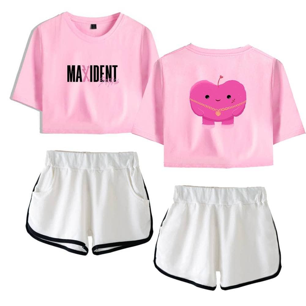 Pink graphic T-shirt with Maxident artwork and cute apple design, casual unisex style.