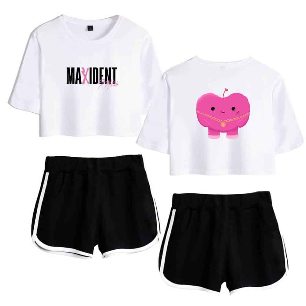 Cute K-pop merch set featuring a white crop top with "MAXIDENT" text and a cartoon pink heart character, paired with black athletic shorts.