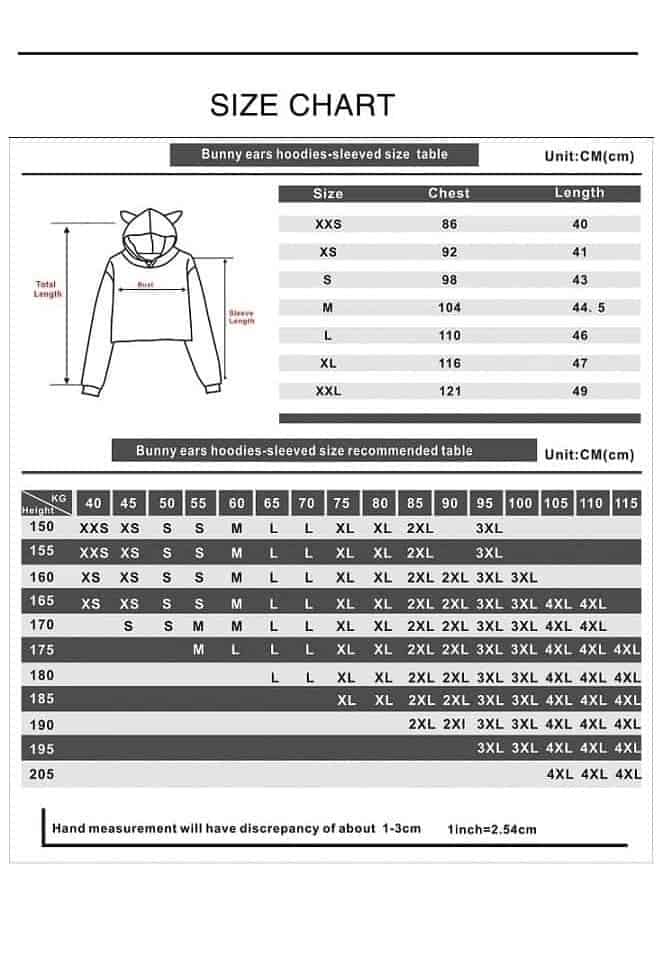 Bunny ears hoodie sweatshirt size chart for K-pop merchandise.