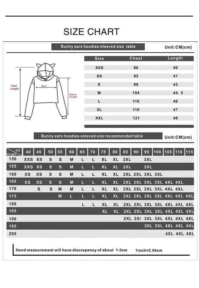 Bunny ears hoodie sweatshirt size chart for K-pop merchandise.