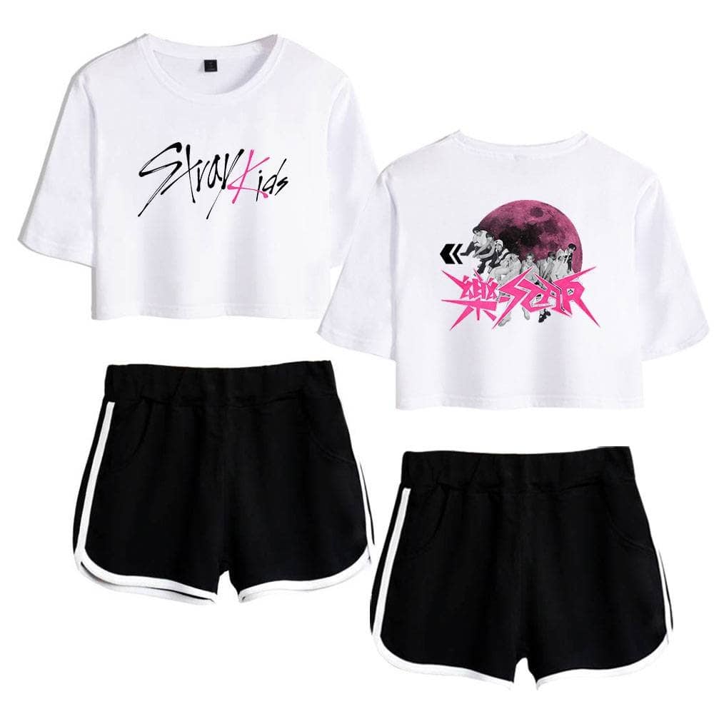 Stylish K-pop girl group crop top and shorts set, perfect for fans and concerts.