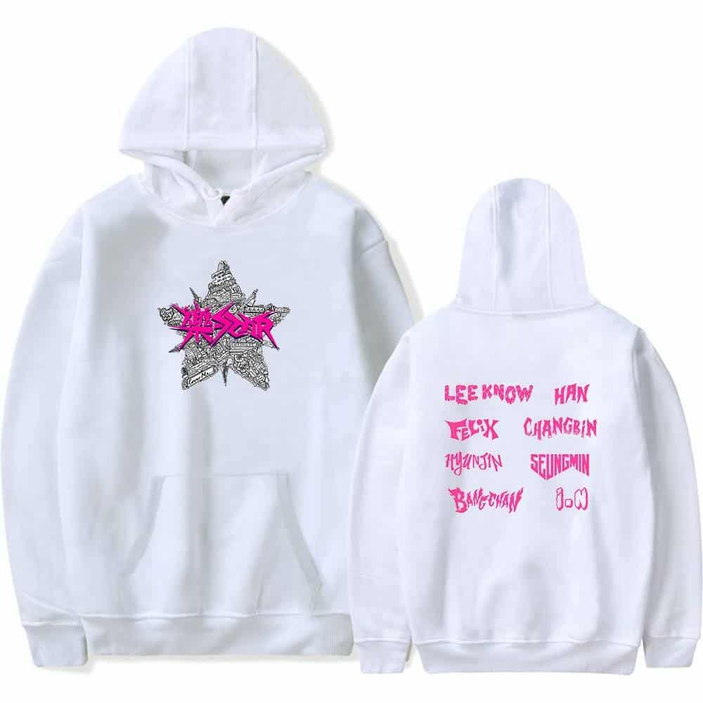 White hoodie with pink graphic and text, perfect for K-pop merch fans, featuring names of K-pop idols and related designs, stylish and comfortable.