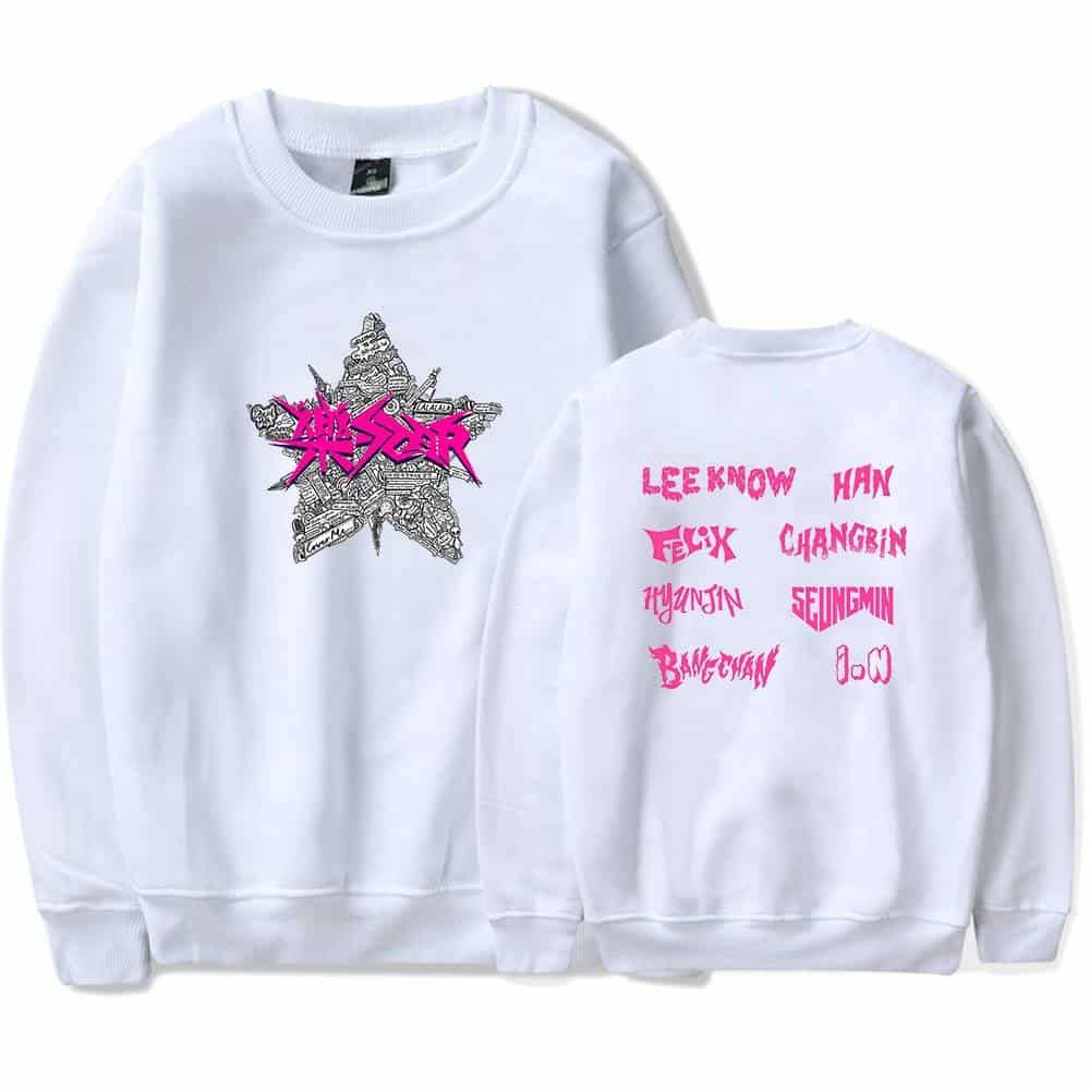 A white K-pop sweatshirt featuring colorful, graffiti-style text and graphics representing popular K-pop artists and groups.