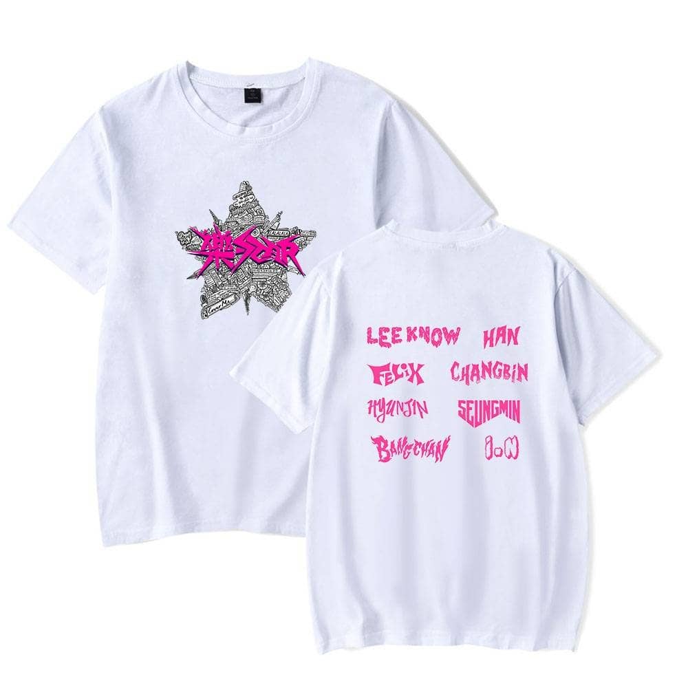 Kpop merch T-shirts with graphic and band member names print.