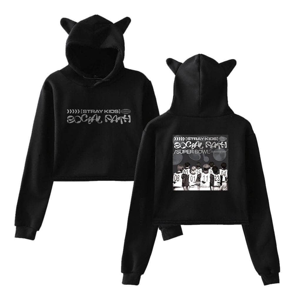 Black hoodies with cat ears featuring K-pop social event designs and group photos.