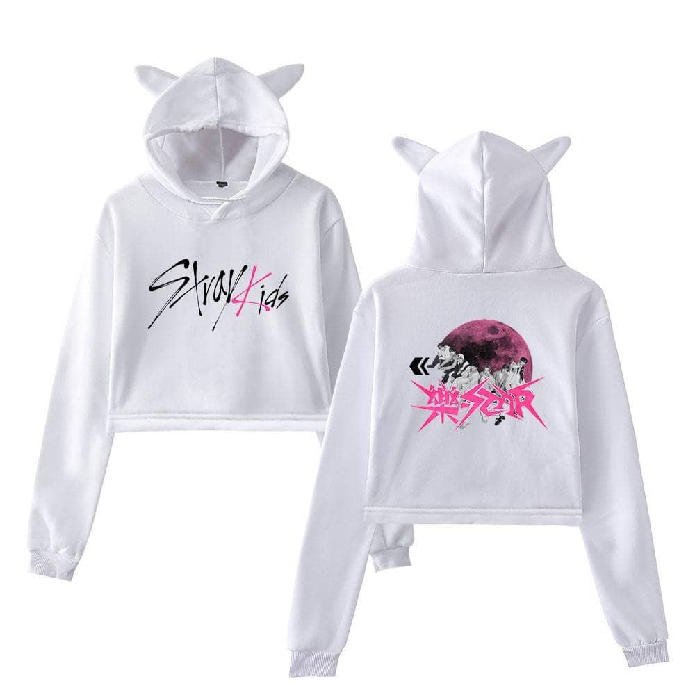 Kids white hoodie with animal ears and graphic print, perfect for K-pop fans and streetwear fashion.