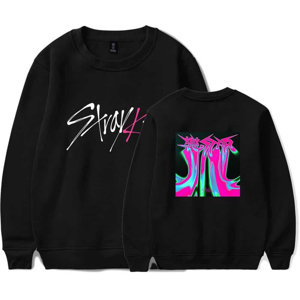 Black graphic sweatshirt with colorful "Skool4" print and graffiti-style design.