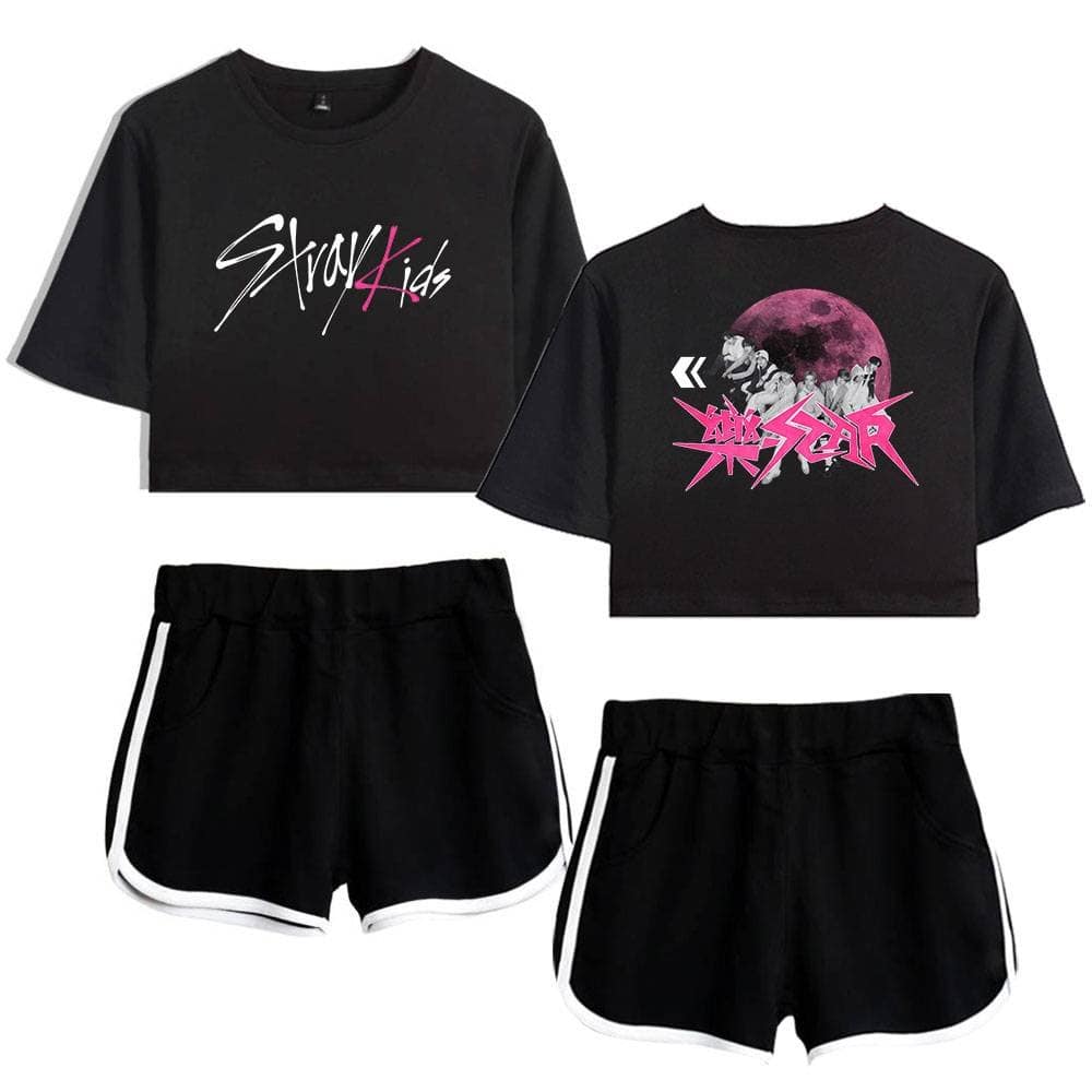 Bright star K-pop merchandise crop tops and shorts set with graphic prints and comfortable fit. Perfect for fans and casual wear.