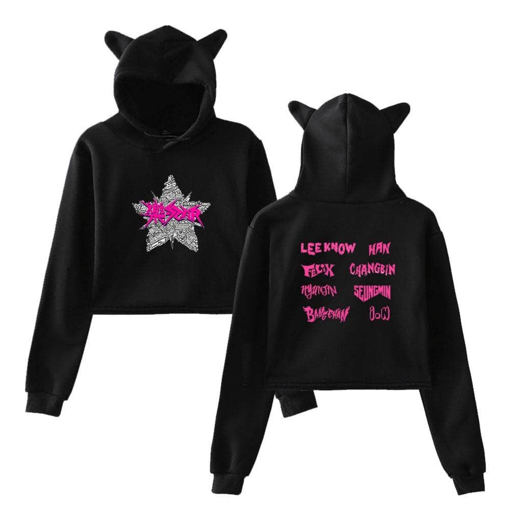 Black K-pop hoodie with cute cat ears and colorful graphic design, perfect for fans of K-pop merch.