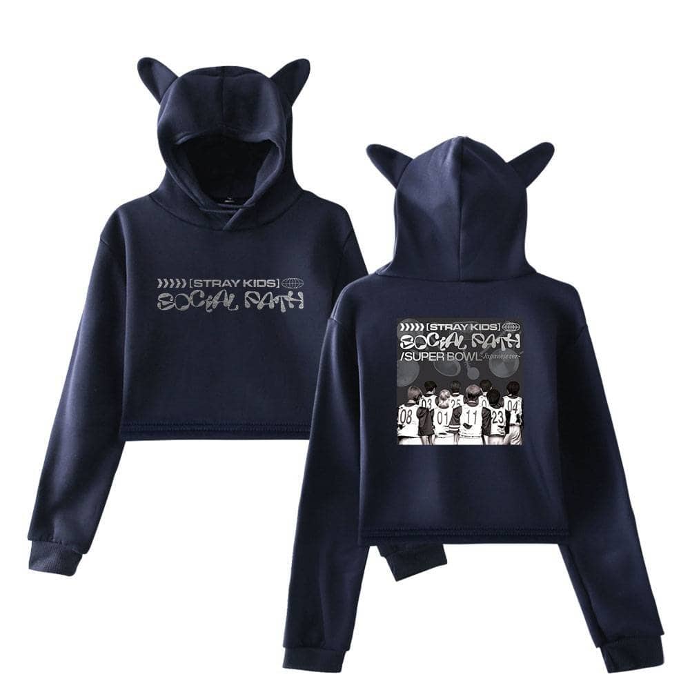 Fashionable navy blue K-pop hoodie set with cute animal ears and social message design. Perfect for fans and casual wear.