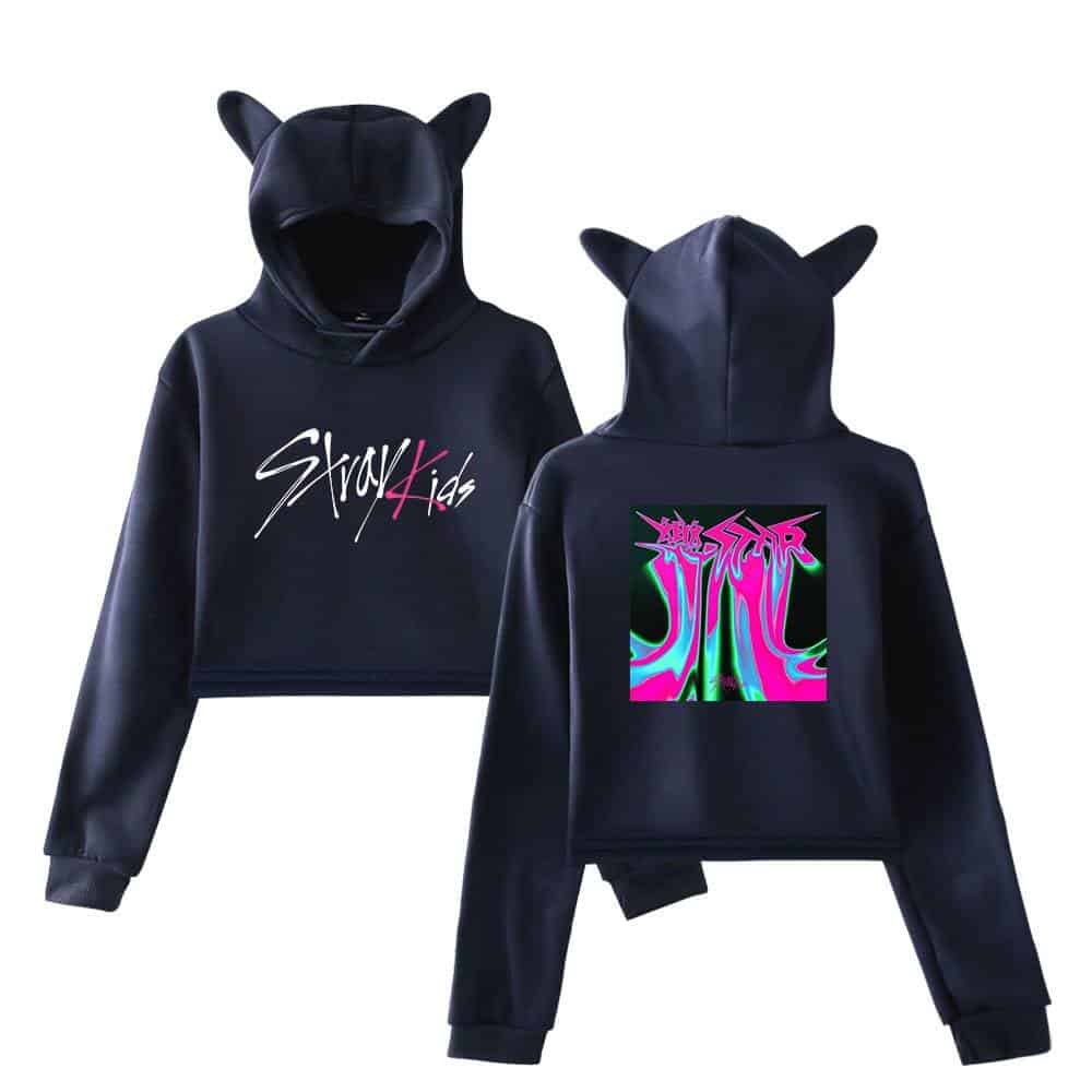 Bold black hoodies with pop culture graphics and cat ear details, perfect for K-pop fans and merch collectors.