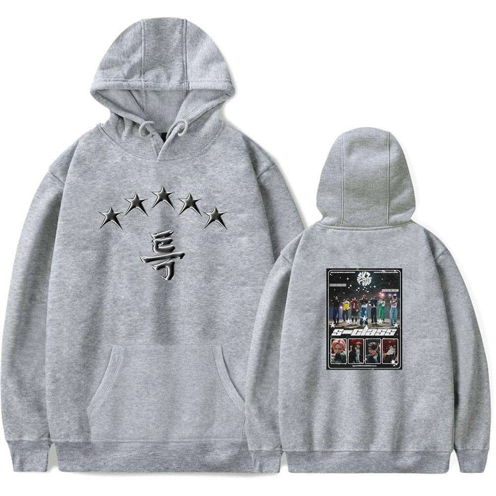 Kpop merch hoodie with star and group graphic design, featuring a front and back view of the apparel, perfect for K-pop fans and collectors.