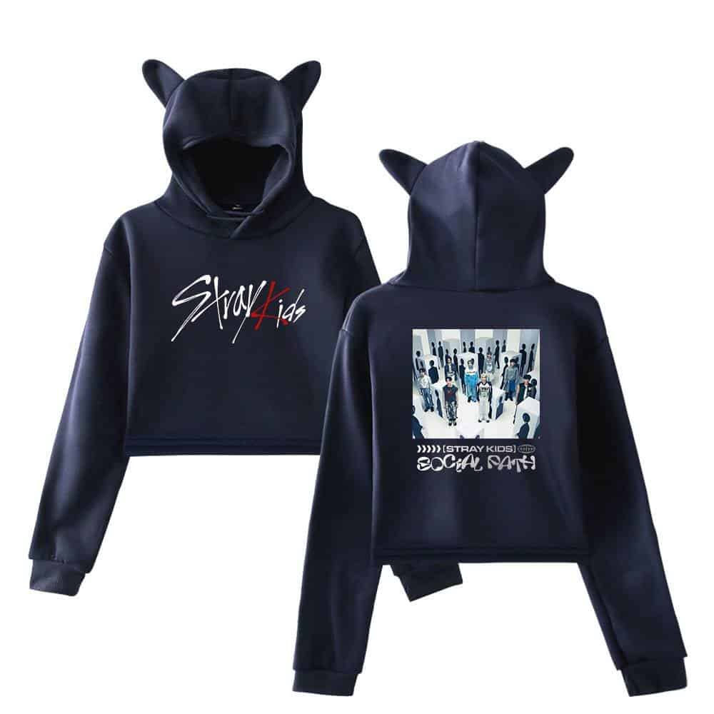 Black hoodie with "Stray Kids" logo and graphic back design, featuring cat ears on the hood, perfect for K-pop fans.