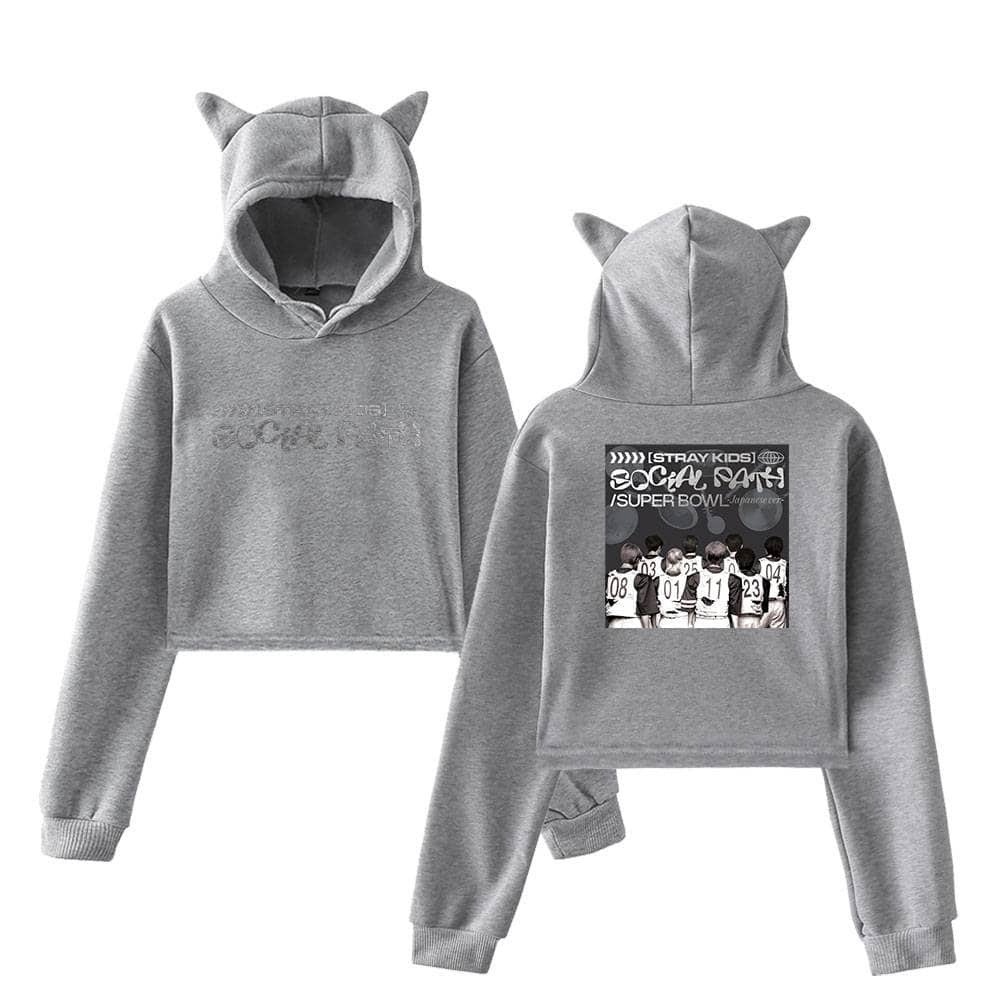 Gray hoodie and sweatpants set with cat ears, featuring a Boys' Super Bowl team graphic on the back, perfect for K-pop merch fans.