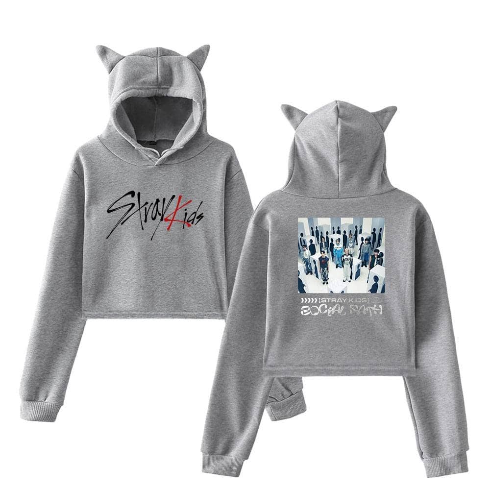 Kpop merch hoodie featuring the Stray Kids logo and group photo with cat ear hood design.