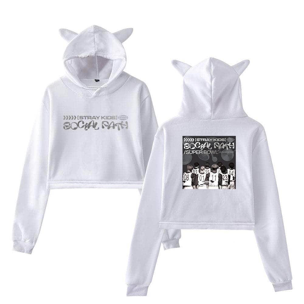 White K-pop hoodie set with playful animal ears, featuring "Stray Kids" logo and a group photo on the back, perfect for fans.