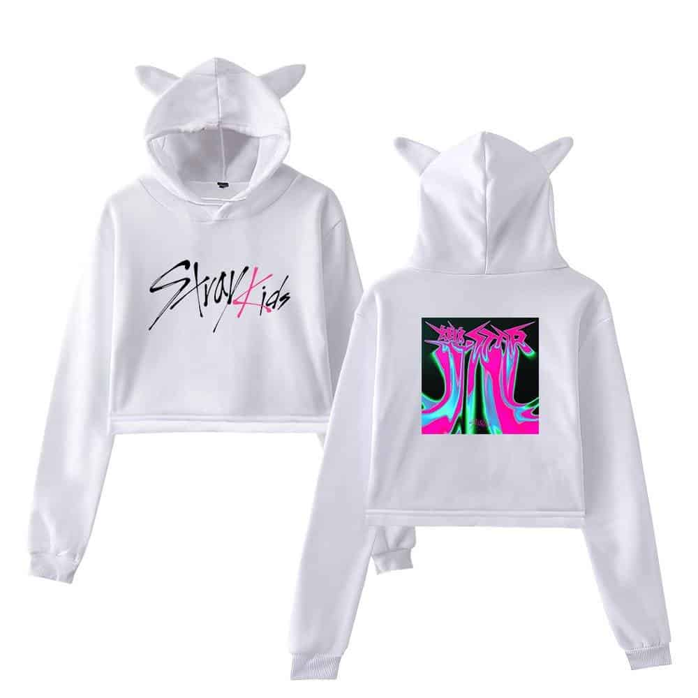 White hoodie with animal ears and "Stray Kids" graphic on front and back, trendy K-pop merch perfect for fans.