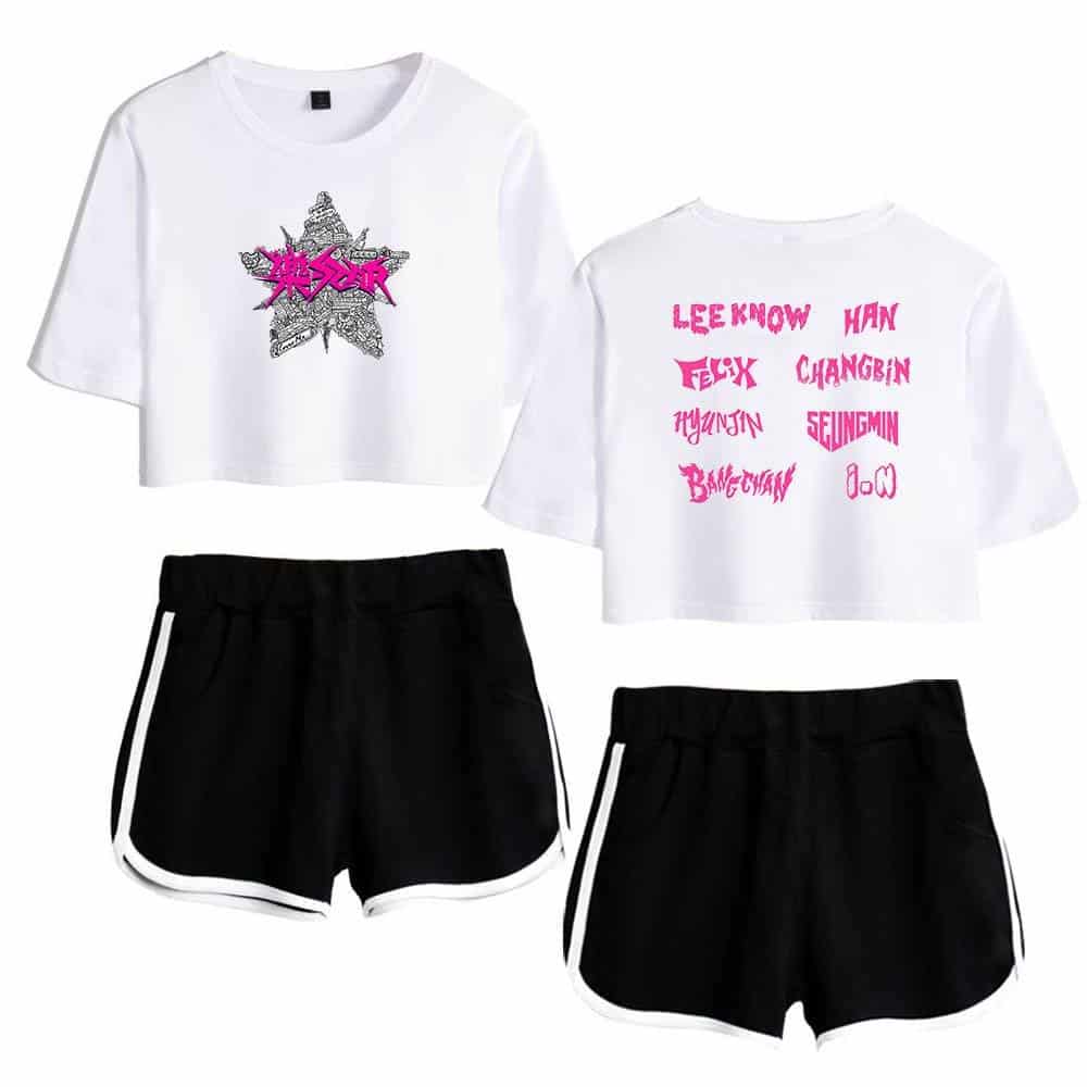 Vibrant K-pop merchandise set featuring graphic crop tops and sporty shorts, perfect for fans of trendy streetwear and music-inspired fashion.