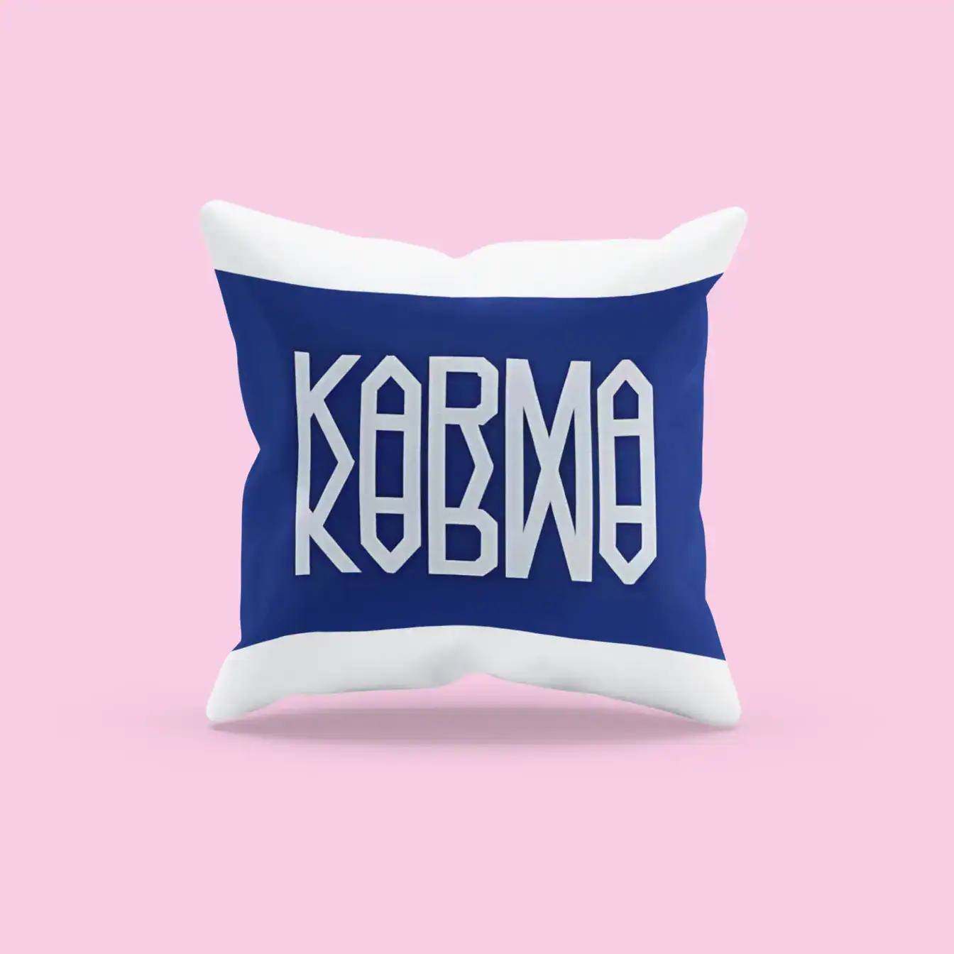 Kpop merch, gift cushion with KARMY text for BTS fans, soft fabric pillow for K-pop lovers, cute cushion with fandom slogan, vibrant blue and white KARMY pillow, fan merchandise accessory.