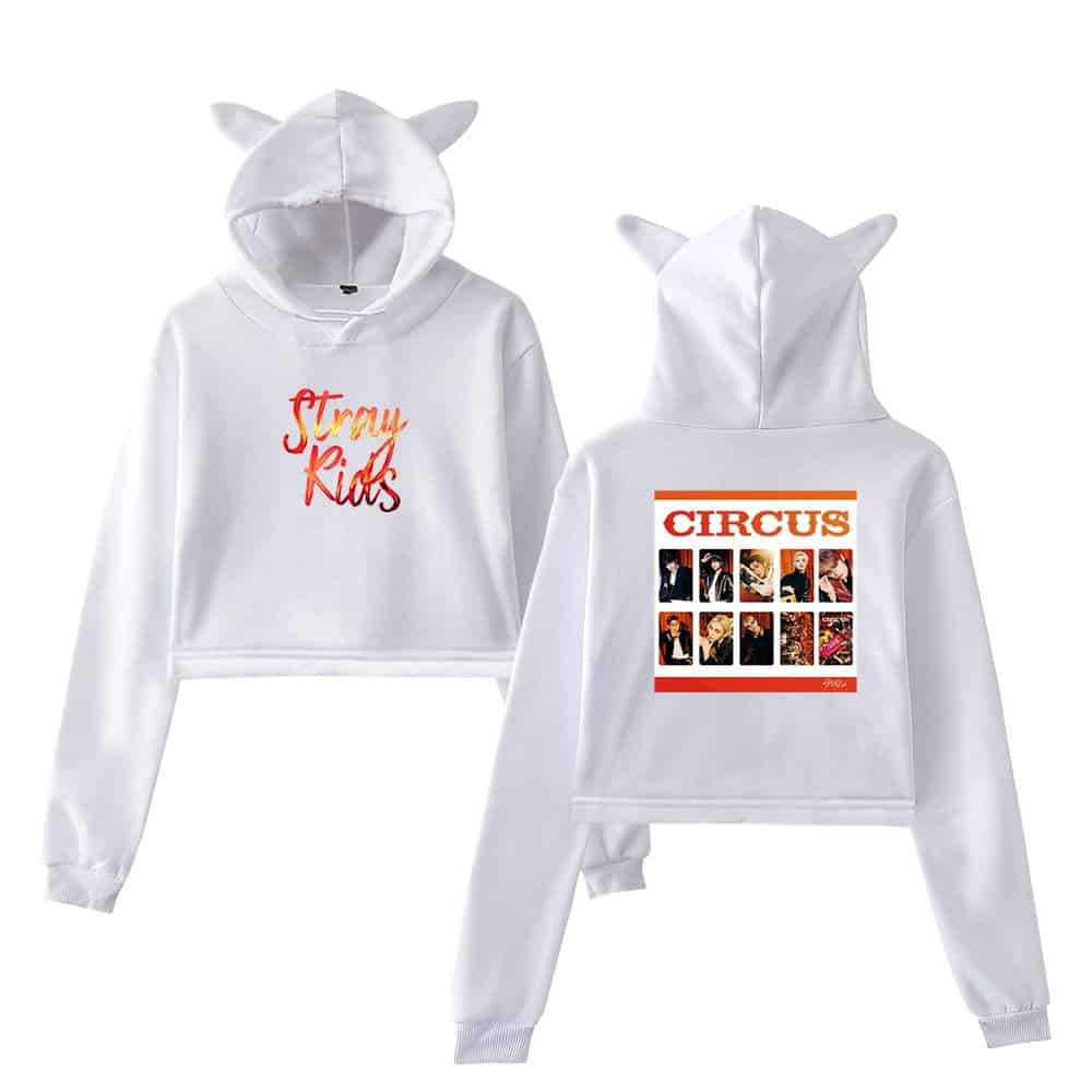 Cute white hoodie with cat ears, "Stray Kids" printed on front and a collage of band members on the back, perfect for K-pop fans.