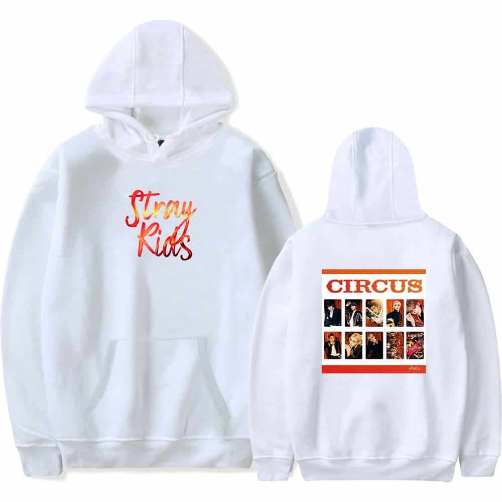 Stroy Kids hoodie with colorful text front and collage of K-pop idols back.