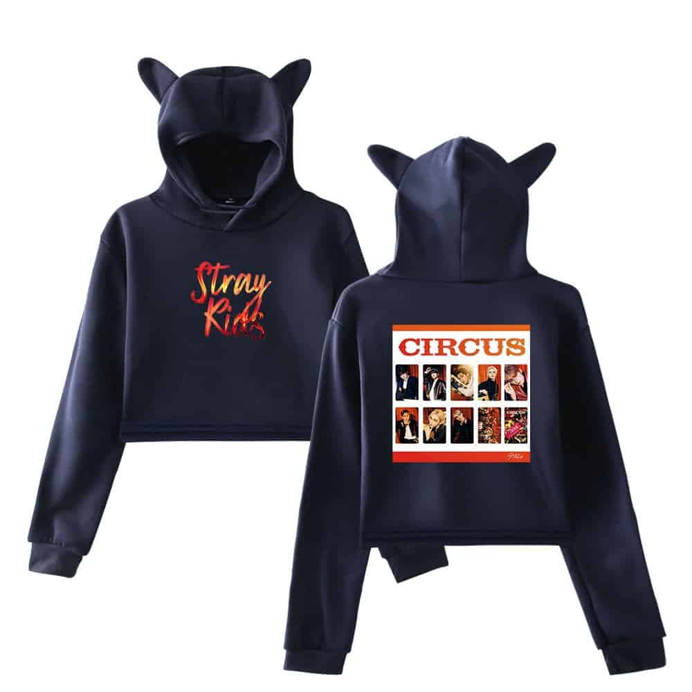 Colorful K-pop hoodie with a "Stray Kids" logo on the front and a "Circus" concert photo collage on the back, perfect for fans and casual wear.
