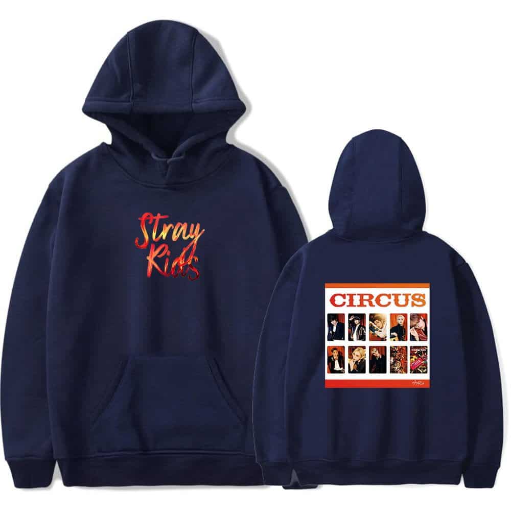 Hoodie with "Stray Kids" text and another hoodie with "CIRCUS" and member images.
