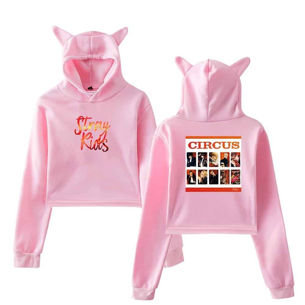 Pink hoodie with cat ears, "Stray Kids" graphic front, and "CIRCUS" album collage back, perfect for K-pop fans and merch collection.
