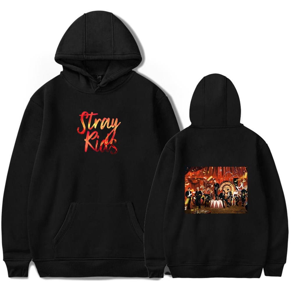Kpop merch hoodie with "Stray Kids" graphic design and concert stage print on the back.