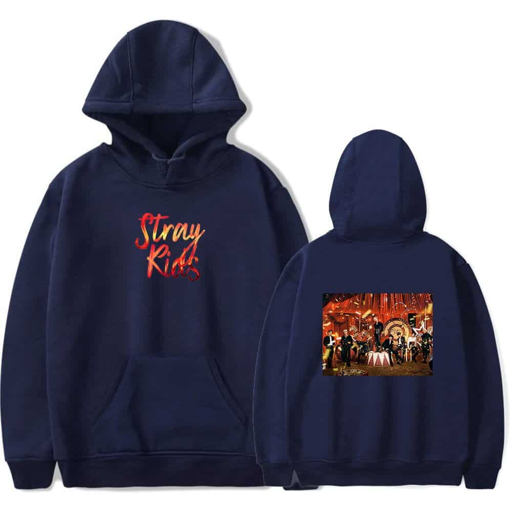 Comfy navy blue hoodie with "Stray Kids" logo on the front and a concert photo on the back, perfect for K-pop fans and merchandise collectors.