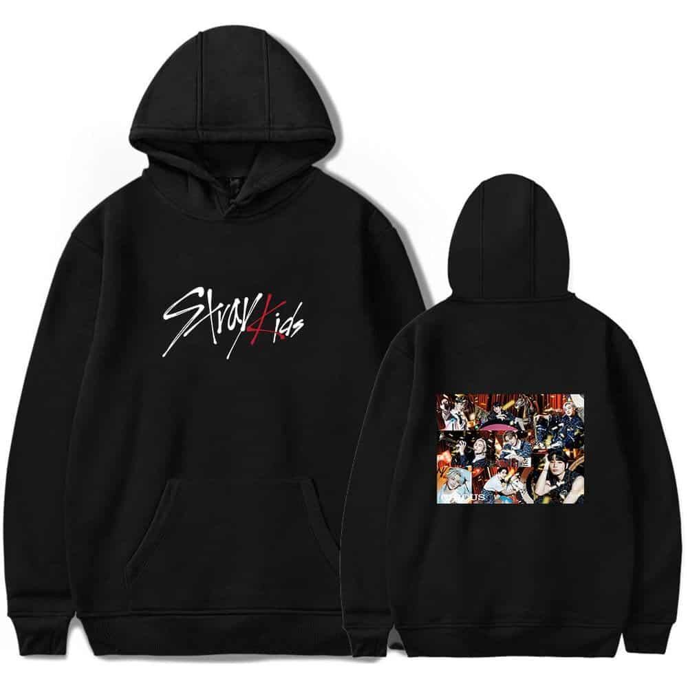 Stylish black hoodie featuring Stray Kids logo and a collage of group members on the back, perfect for K-pop fans and merch collectors.