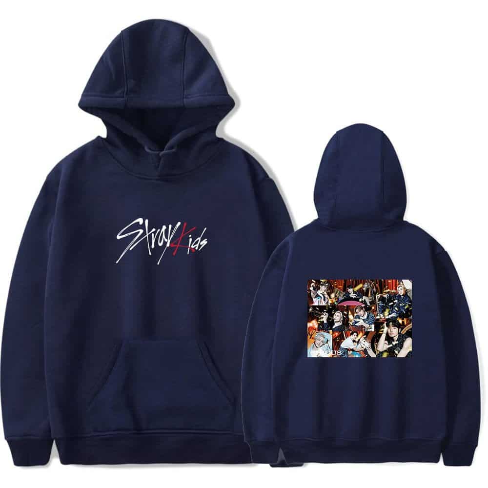 Skz Kids hoodie with group photo print and logo design.