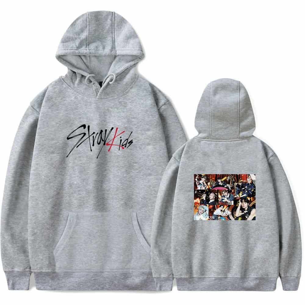 Stylish grey hoodie with "Stray Kids" logo on front and collage of group photos on back, perfect for K-pop fans.