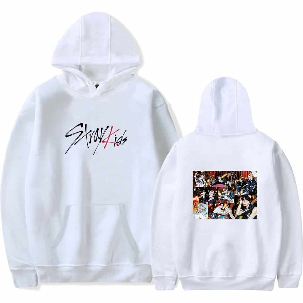 Stay4KIDS hoodie with printed images of boy band members on the back and logo on the front.