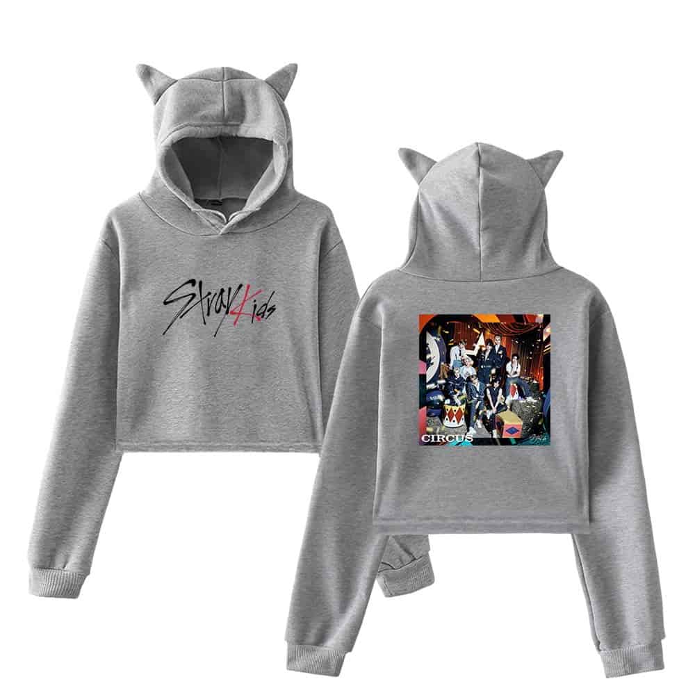 Stylish grey hoodie with cat ear hood and "Stray Kids" graphic on front, featuring a colorful group photo on the back, perfect for K-pop fans and merch collectors.