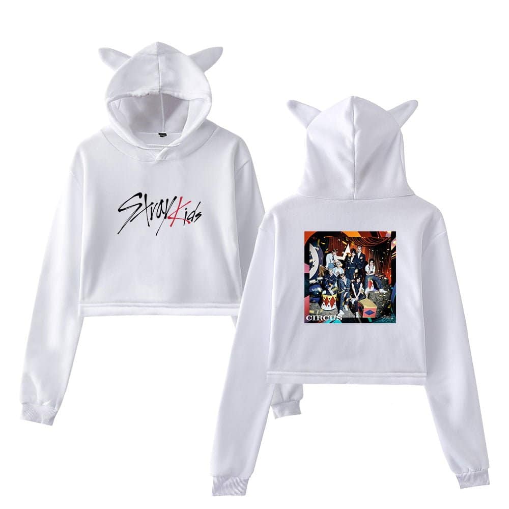 Kids' white hoodie with cat ears and graphic print, perfect for K-pop fans.