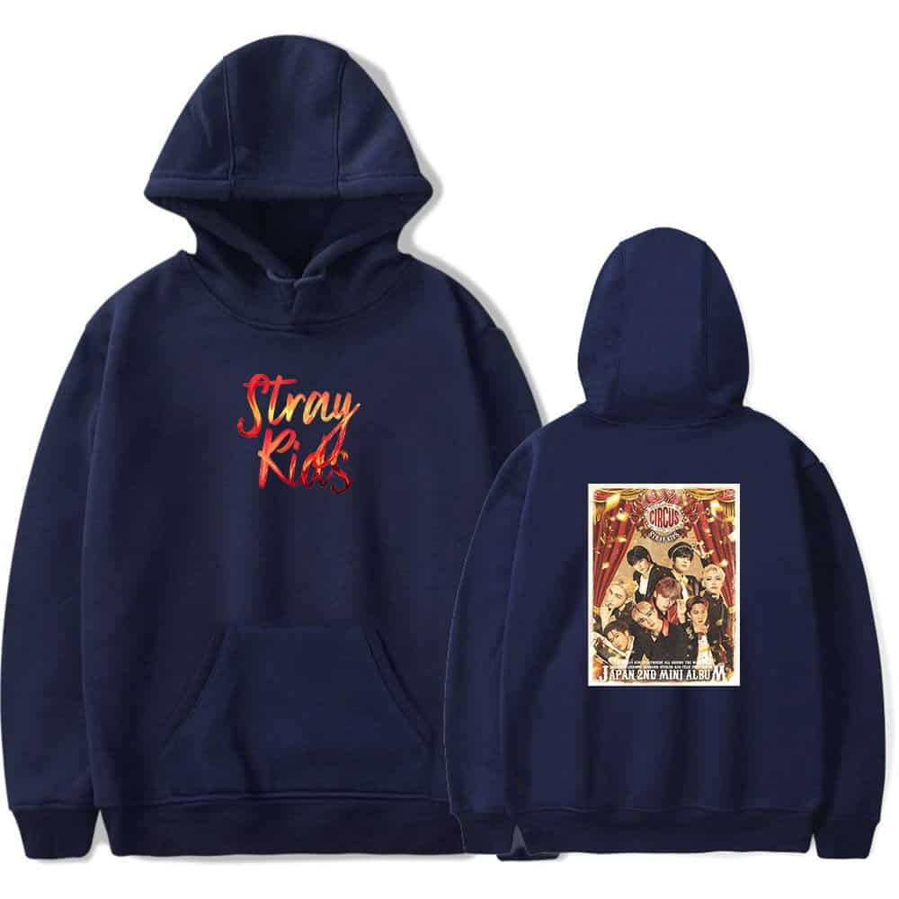 Black hoodie with "Stray Kids" logo on front and group poster on back, ideal for K-pop fans.