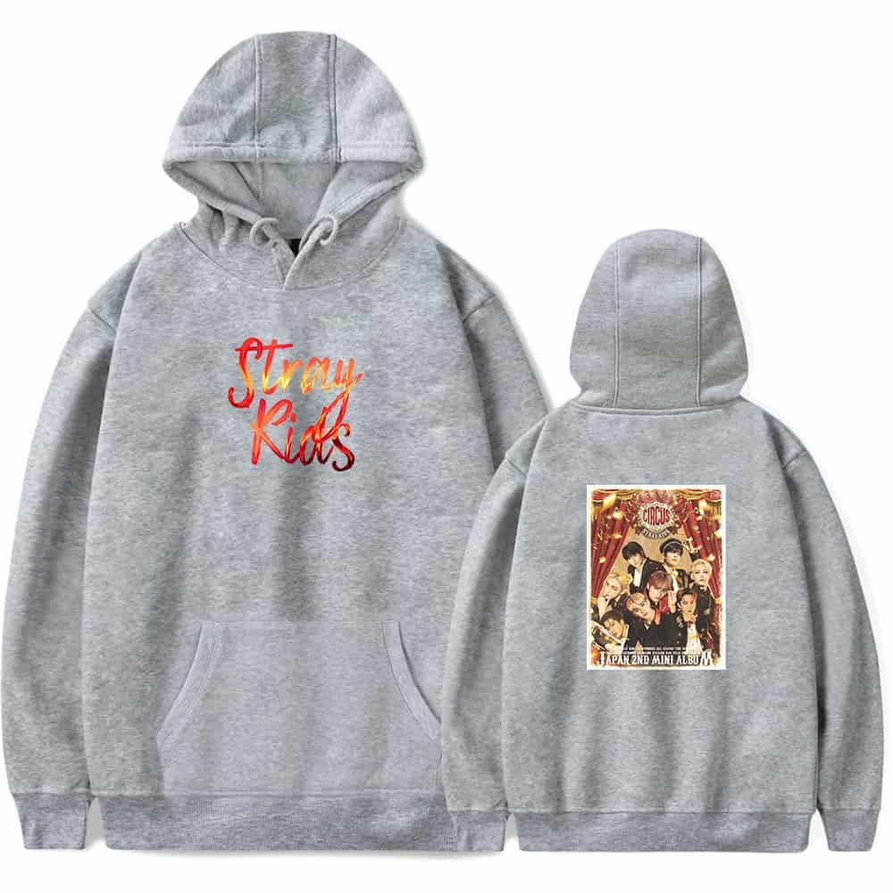 Gray hoodie with "Stray Kids" logo front and a group photo back, perfect for K-pop fans and merchandise collectors.