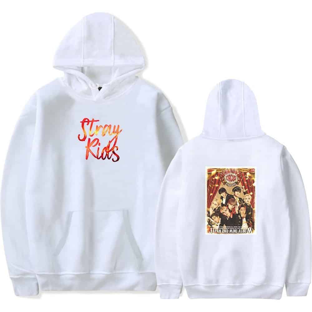 Cute white hoodie with "Stray Kids" embroidery on the front and a circus-themed graphic on the back, perfect for K-pop merch fans.