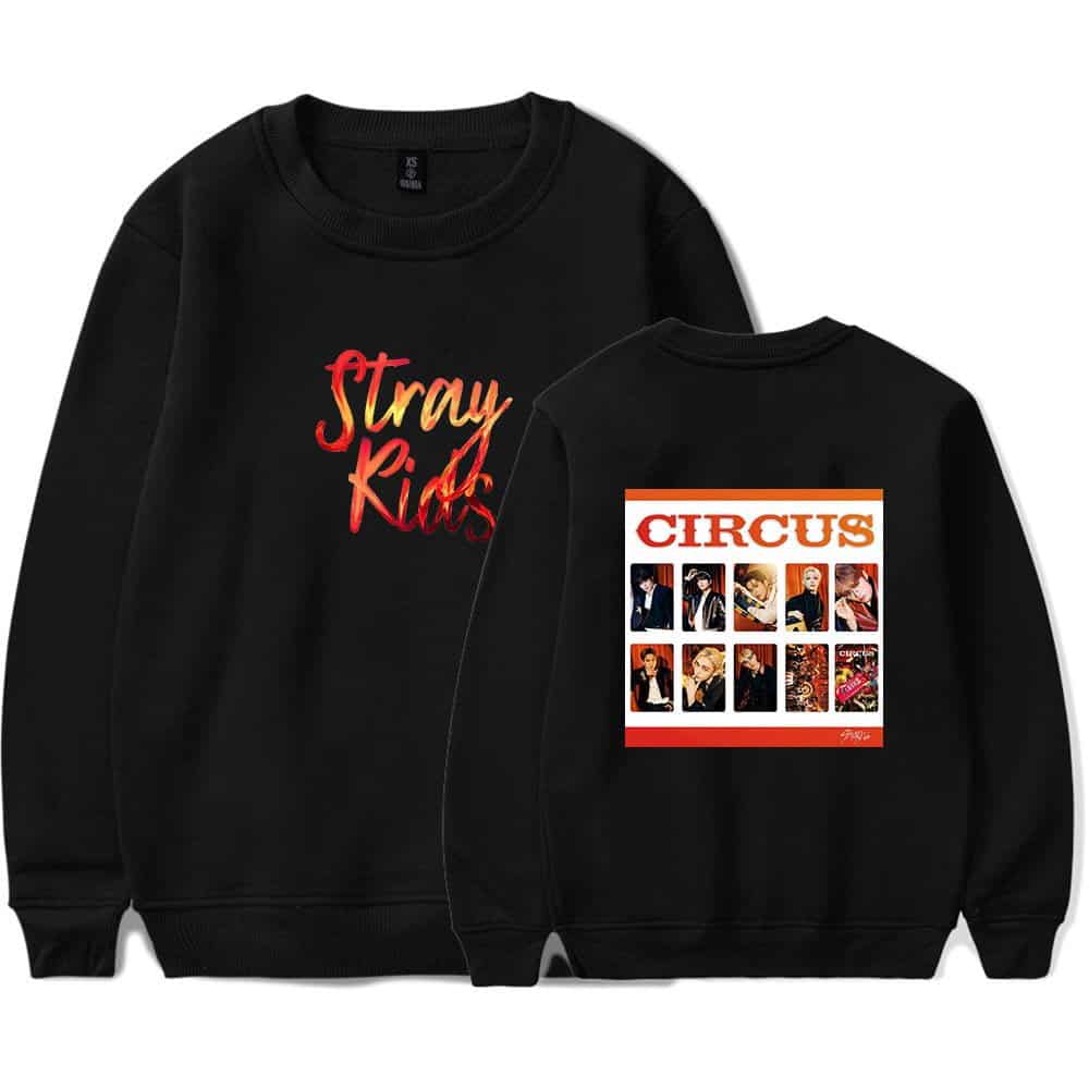 Black sweatshirts with K-pop band design featuring colorful "Stray Kids" text and "CIRCUS" album cover images. Perfect for K-pop fans and merch collectors.