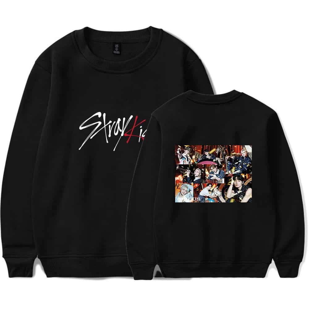 Kpop merch sweatshirt featuring Stray Kids members and graphic design.