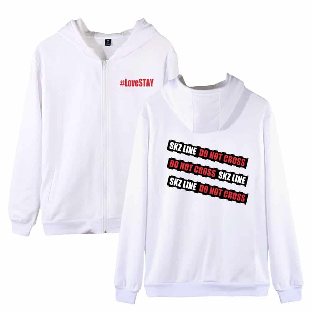 White zip-up hoodie with "#LoveSTAY" text in red on the chest, casual streetwear for K-pop fans.