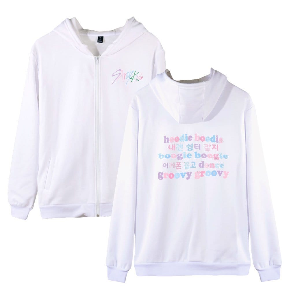 Bright white hoodies with colorful K-pop inspired text and designs, perfect for fans of K-pop merchandise and stylish casual wear.