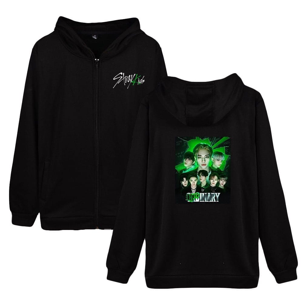 Black Kpop hoodie with group image and vibrant green accents.