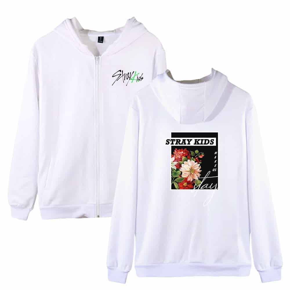White hooded zip-up sweatshirt with colorful floral graphic and "Stray Kids" text, trendy K-pop merch.