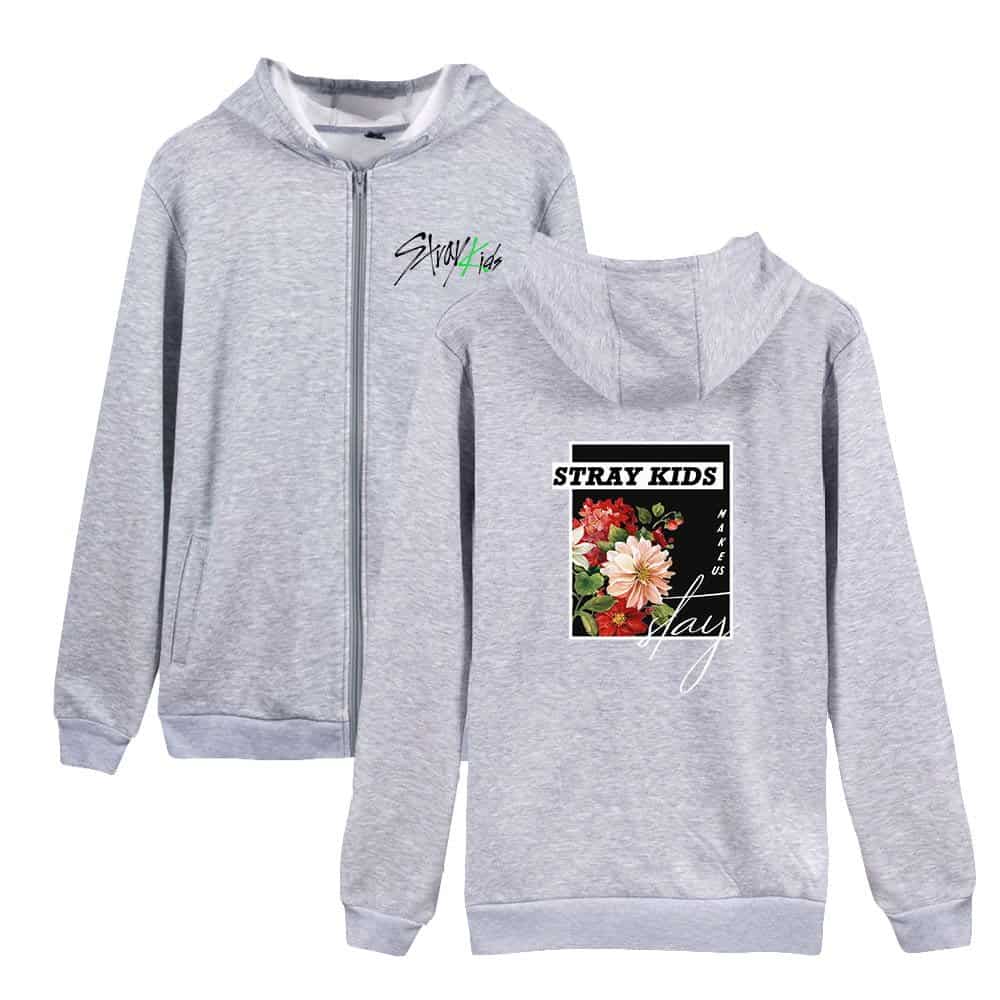 Stylish gray K-pop hoodie with floral design and "Stray Kids" branding, perfect for fans.