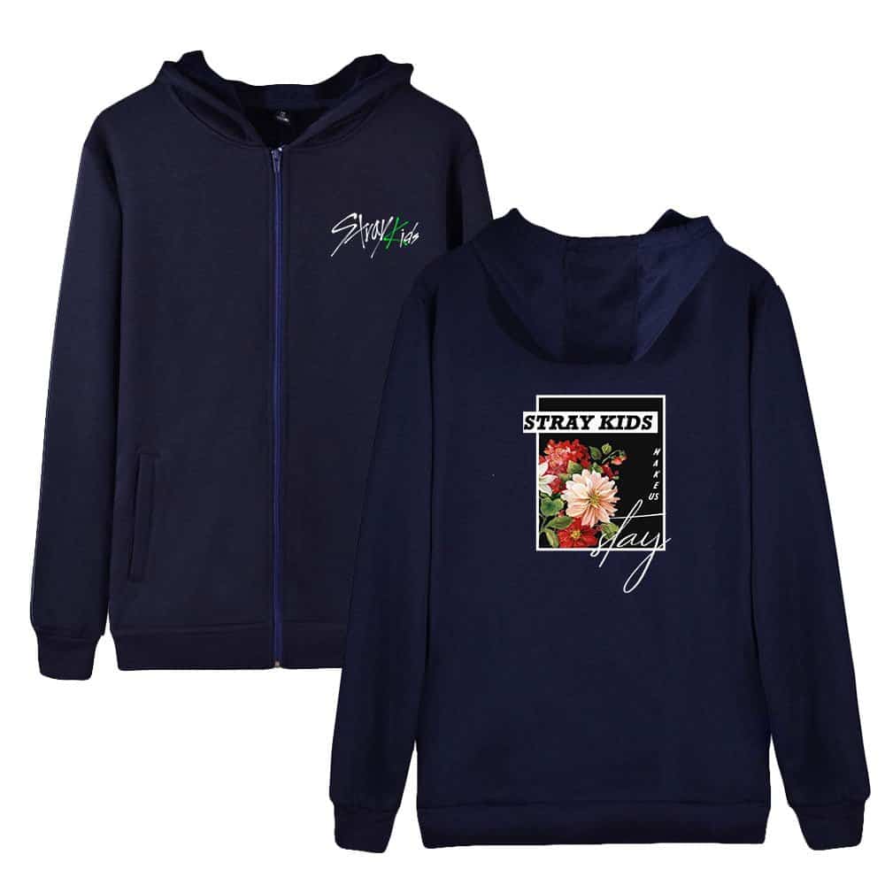 Stray Kids themed navy blue zip-up hoodie with floral graphic and band logo print.
