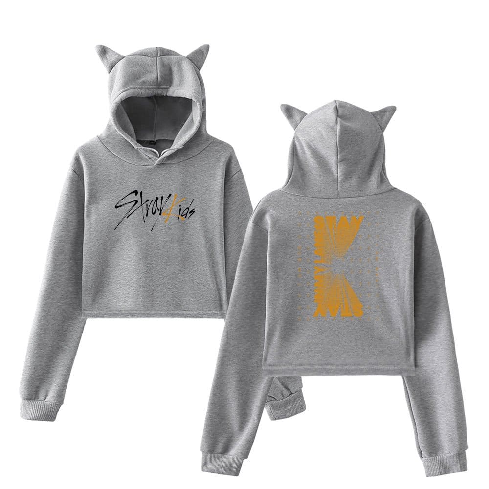 Sweatshirt set with "Stay Kid" text and cat ear hoodie, perfect for K-pop fans.